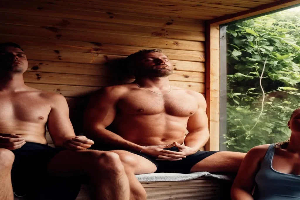 Group sitting in a sauna with a nature view, experiencing heat therapy for relaxation and recovery.